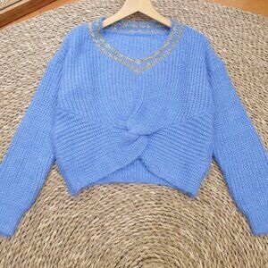 Blue Fuzzy Twist Front Knit Sweater Gold Lurex V-Neck Cropped Top